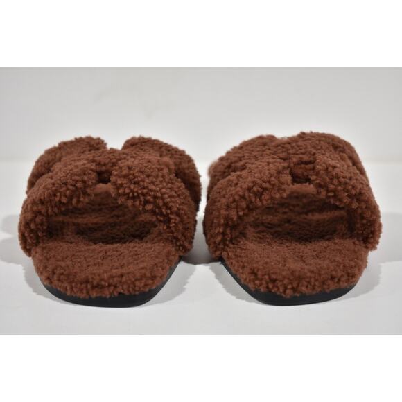 Hermes Oran Teddy Shearling Fur Brown H Logo Slide Sandal Mule Flat Flip Flop 38 - Picture 6 of 12